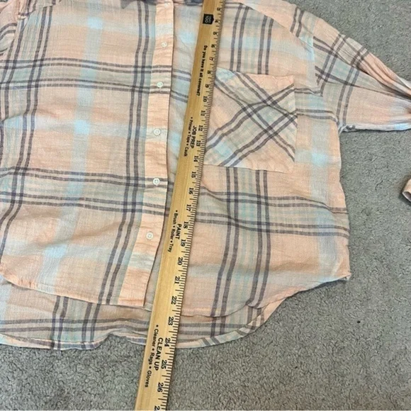 Free People Womens Button Up Shirt Large Peach Plaid Relaxed Dolman Sleeve Crop - Picture 9 of 9
